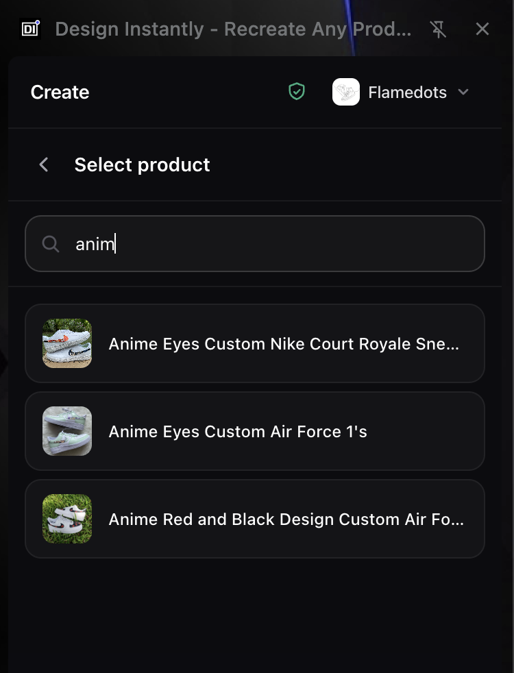 Selecting a product from your store inside the extension